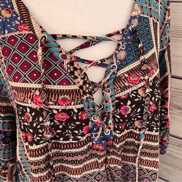 American Eagle Patchwork Patterned Lace Up Neckline Top - Picture 3 of 9